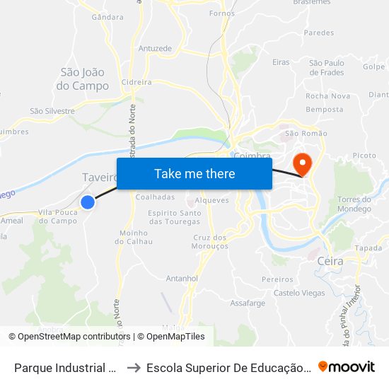 Parque Industrial de Taveiro (2) to Escola Superior De Educação De Coimbra (Esec) map