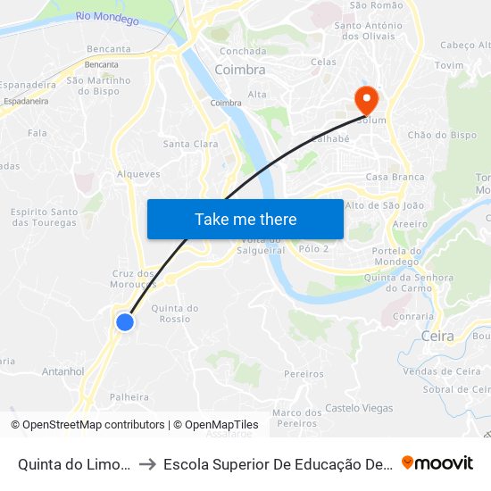 Quinta do Limoeiro - Ic2 to Escola Superior De Educação De Coimbra (Esec) map