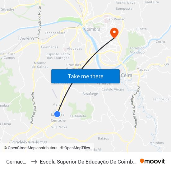 Cernache 2 to Escola Superior De Educação De Coimbra (Esec) map