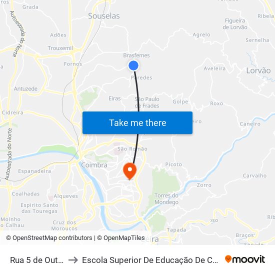 Rua 5 de Outubro 2 to Escola Superior De Educação De Coimbra (Esec) map