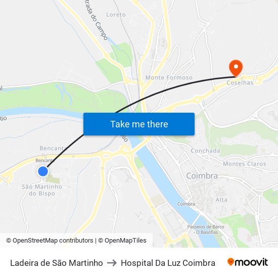 Ladeira de São Martinho to Hospital Da Luz Coimbra map