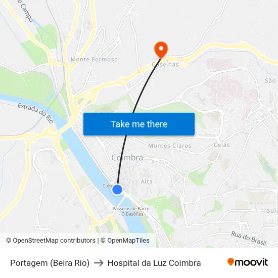 Portagem (Beira Rio) to Hospital da Luz Coimbra map
