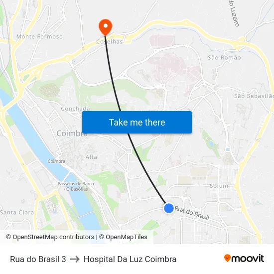 Rua do Brasil 3 to Hospital Da Luz Coimbra map