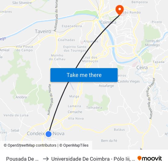 Pousada De Condeixa to Universidade De Coimbra - Pólo Iii, Ciências Da Saúde map