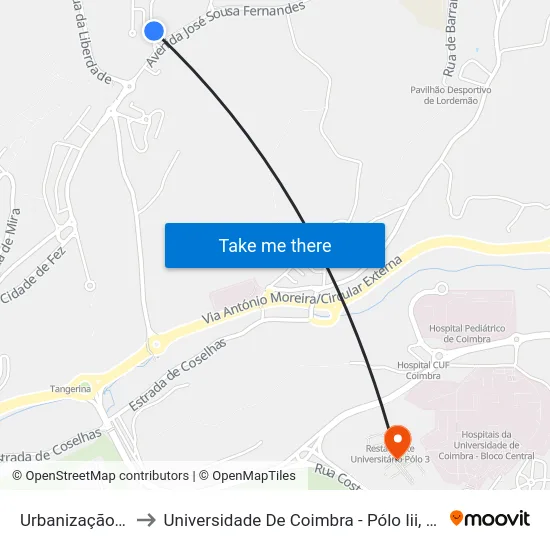 Urbanização Ar e Sol to Universidade De Coimbra - Pólo Iii, Ciências Da Saúde map