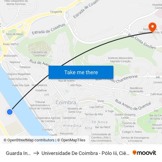 Guarda Inglesa to Universidade De Coimbra - Pólo Iii, Ciências Da Saúde map