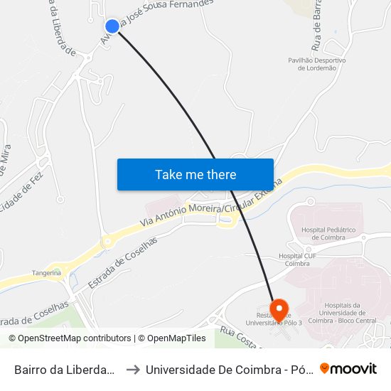 Bairro da Liberdade (cruzamento) to Universidade De Coimbra - Pólo Iii, Ciências Da Saúde map