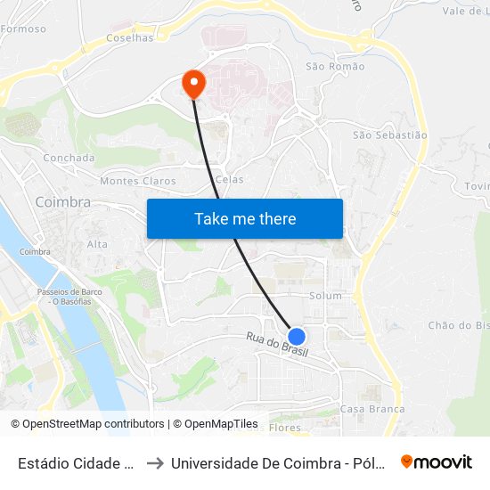 Estádio Cidade De Coimbra 2 to Universidade De Coimbra - Pólo Iii, Ciências Da Saúde map