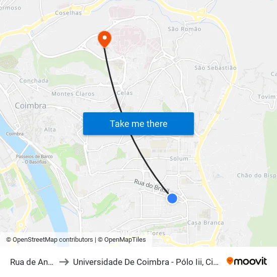 Rua de Angola 2 to Universidade De Coimbra - Pólo Iii, Ciências Da Saúde map
