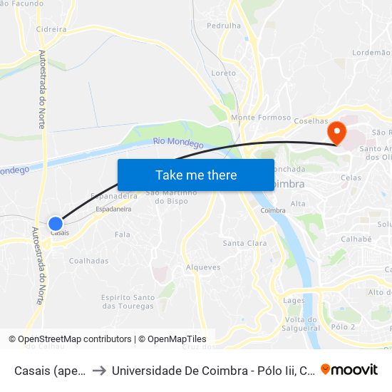 Casais (apeadeiro) to Universidade De Coimbra - Pólo Iii, Ciências Da Saúde map