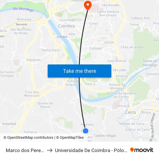 Marco dos Pereiros (centro) to Universidade De Coimbra - Pólo Iii, Ciências Da Saúde map