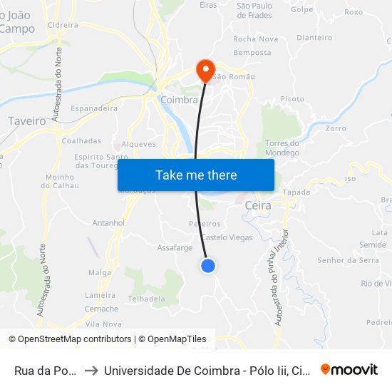 Rua da Portela 3 to Universidade De Coimbra - Pólo Iii, Ciências Da Saúde map