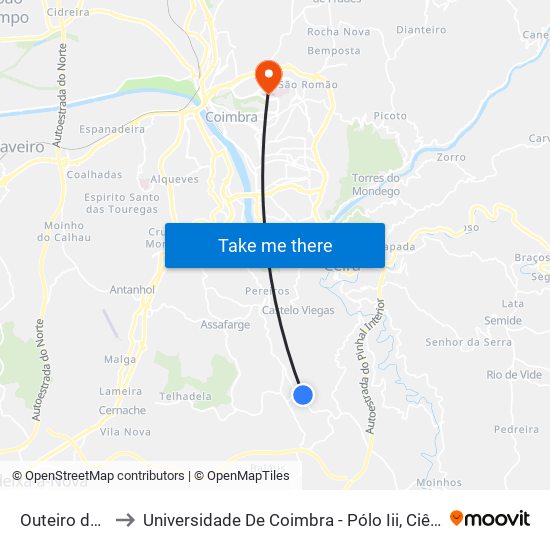 Outeiro de Bera to Universidade De Coimbra - Pólo Iii, Ciências Da Saúde map