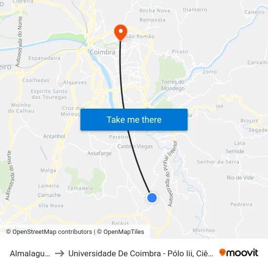 Almalaguês (x) to Universidade De Coimbra - Pólo Iii, Ciências Da Saúde map