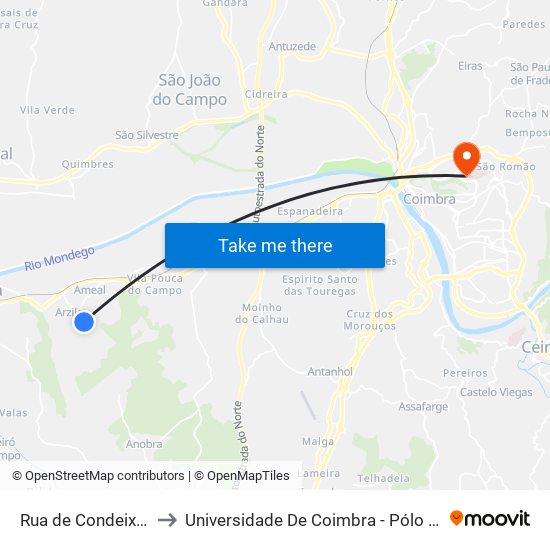Rua de Condeixa Cemitério to Universidade De Coimbra - Pólo Iii, Ciências Da Saúde map