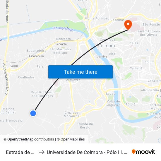 Estrada de Valongo to Universidade De Coimbra - Pólo Iii, Ciências Da Saúde map