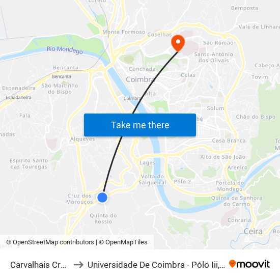 Carvalhais  Cruzamento to Universidade De Coimbra - Pólo Iii, Ciências Da Saúde map