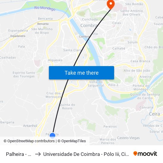 Palheira - centro to Universidade De Coimbra - Pólo Iii, Ciências Da Saúde map