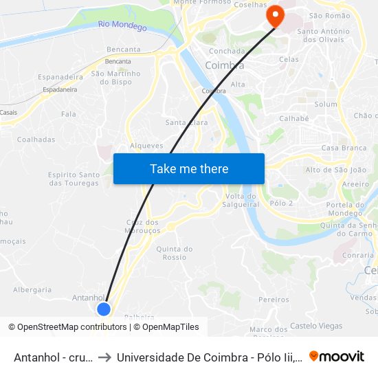 Antanhol - cruzamento to Universidade De Coimbra - Pólo Iii, Ciências Da Saúde map