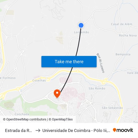 Estrada da Redonda 1 to Universidade De Coimbra - Pólo Iii, Ciências Da Saúde map