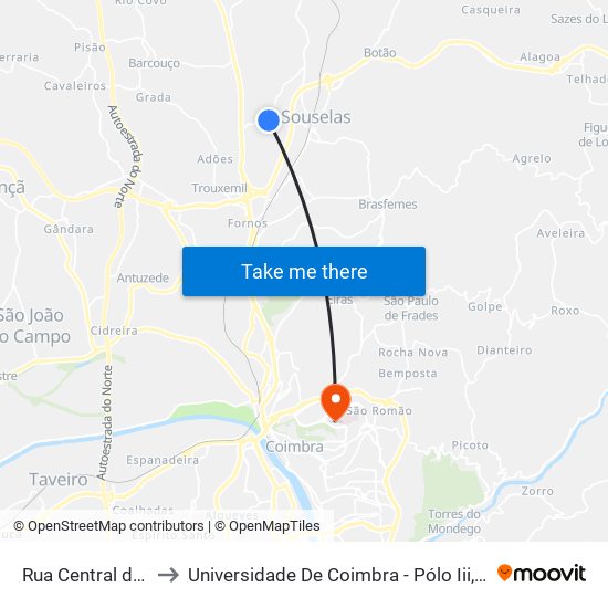 Rua Central da Fonte 2 to Universidade De Coimbra - Pólo Iii, Ciências Da Saúde map
