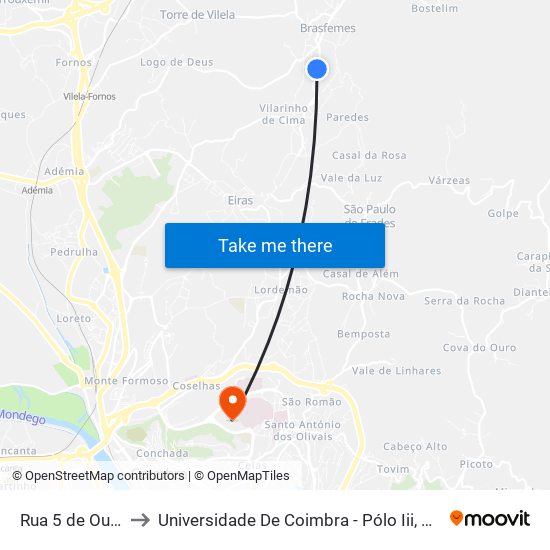 Rua 5 de Outubro 2 to Universidade De Coimbra - Pólo Iii, Ciências Da Saúde map