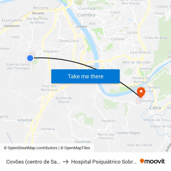 Covões (centro de Saúde) to Hospital Psiquiátrico Sobral Cid map