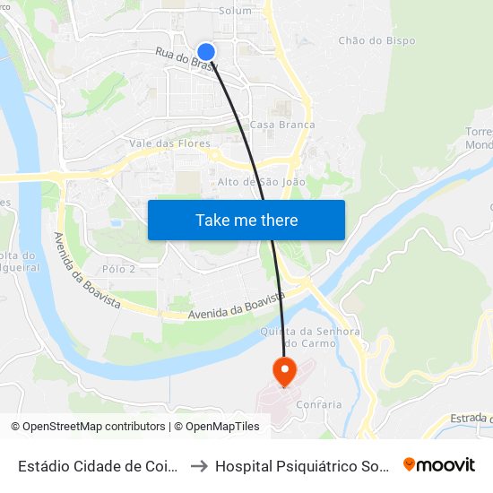 Estádio Cidade De Coimbra 2 to Hospital Psiquiátrico Sobral Cid map