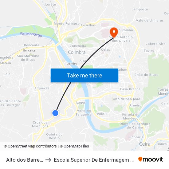 Alto dos Barreiros 1 to Escola Superior De Enfermagem De Coimbra map