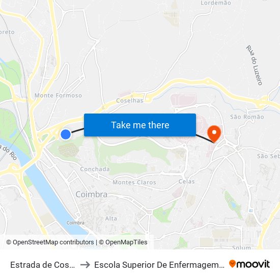 Estrada de Coselhas 1 to Escola Superior De Enfermagem De Coimbra map