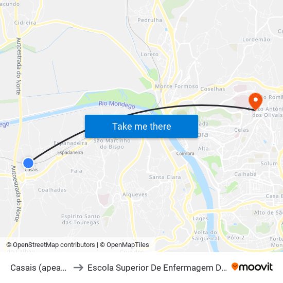 Casais (apeadeiro) to Escola Superior De Enfermagem De Coimbra map