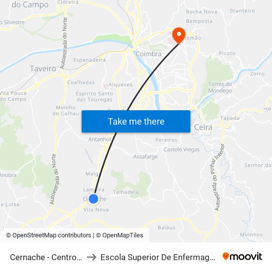 Cernache - Centro de Saúde to Escola Superior De Enfermagem De Coimbra map