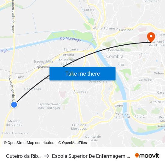 Outeiro da Ribeira 2 to Escola Superior De Enfermagem De Coimbra map