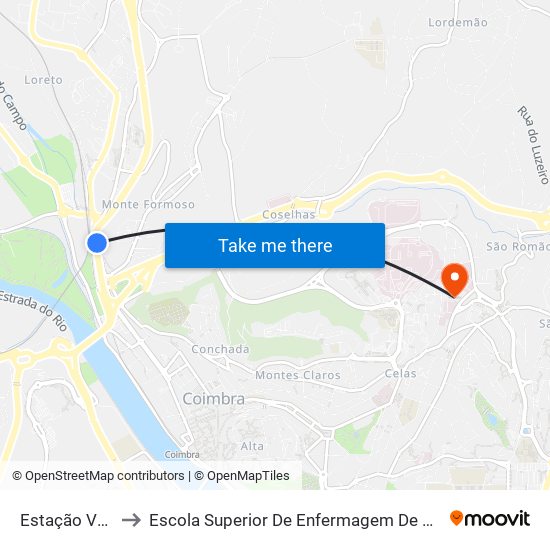 Estação Velha to Escola Superior De Enfermagem De Coimbra map