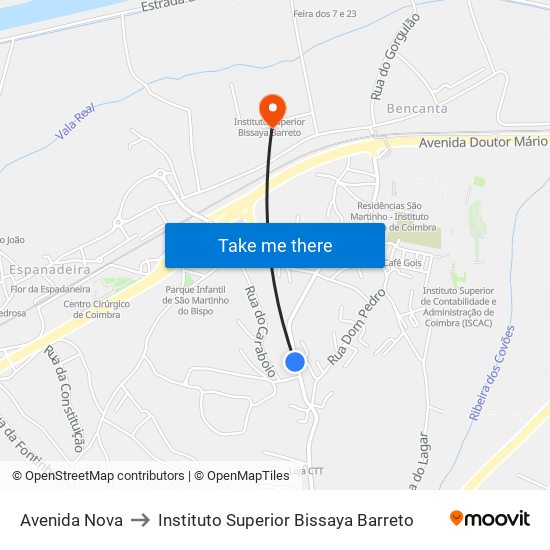 Avenida Nova to Instituto Superior Bissaya Barreto map