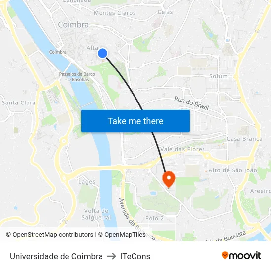Universidade de Coimbra to ITeCons map
