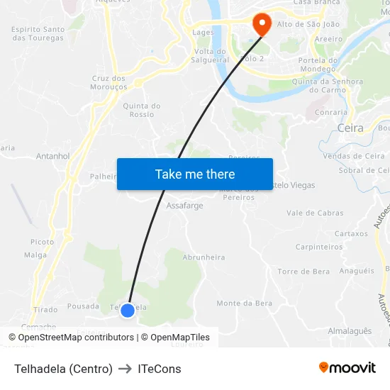 Telhadela (Centro) to ITeCons map