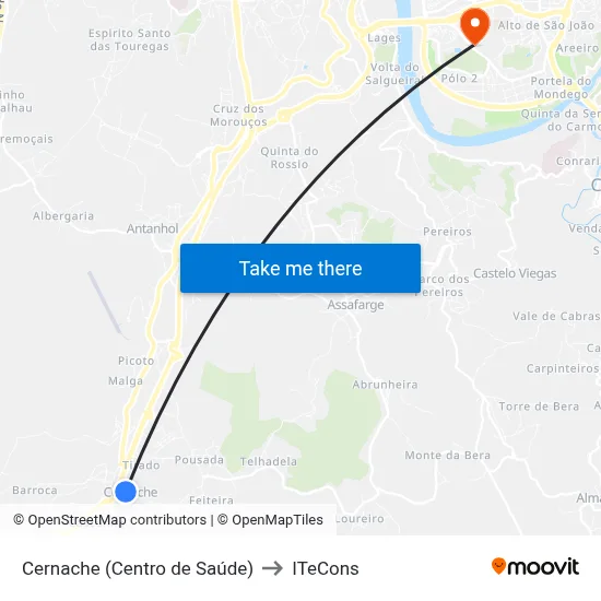 Cernache (Centro de Saúde) to ITeCons map
