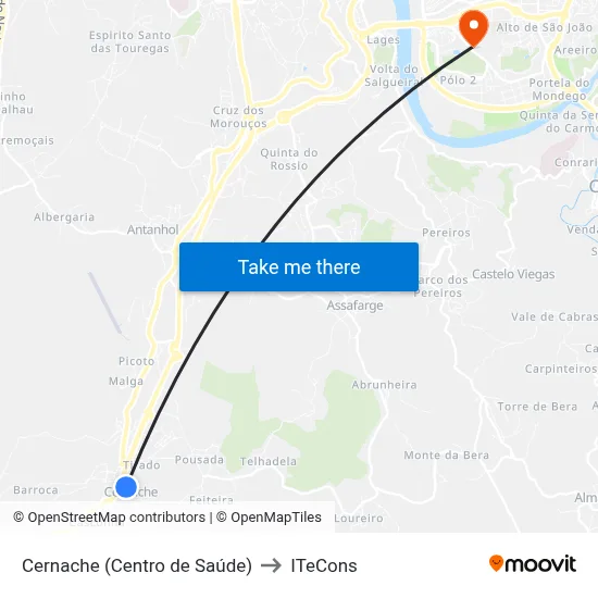 Cernache (Centro de Saúde) to ITeCons map