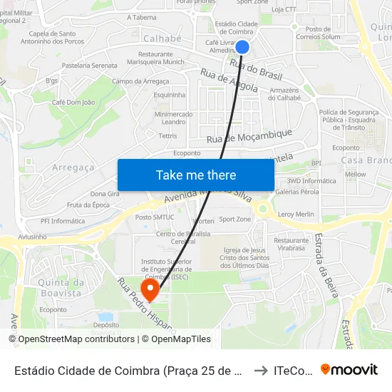 Estádio Cidade de Coimbra (Praça 25 de Abril) to ITeCons map