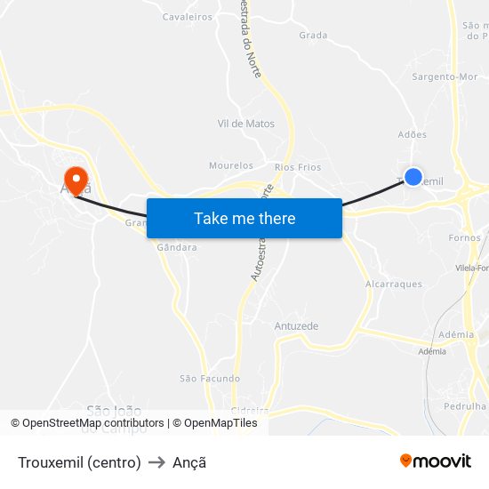 Trouxemil (centro) to Ançã map