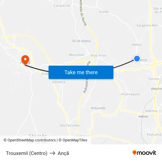 Trouxemil (Centro) to Ançã map