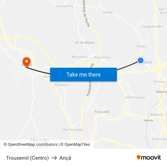 Trouxemil (Centro) to Ançã map