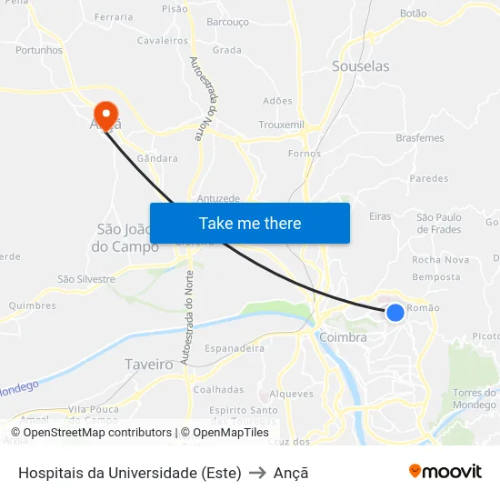 Hospitais da Universidade (Este) to Ançã map