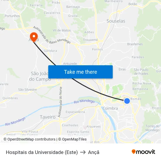 Hospitais da Universidade (Este) to Ançã map
