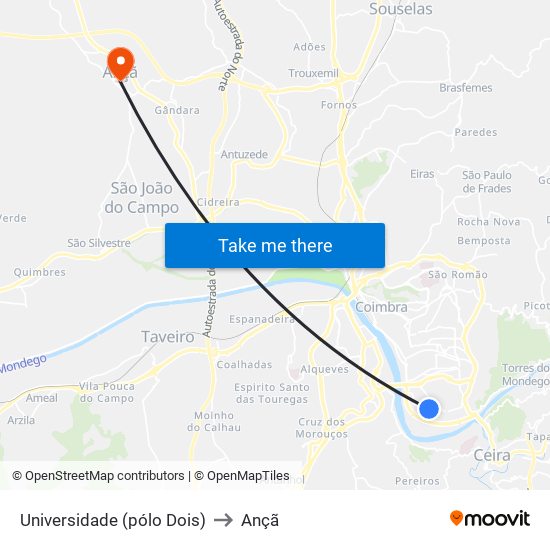 Universidade (pólo Dois) to Ançã map