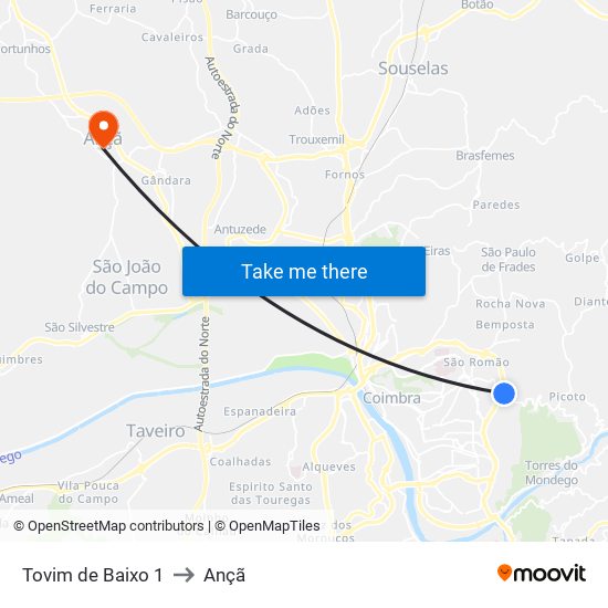 Tovim de Baixo 1 to Ançã map