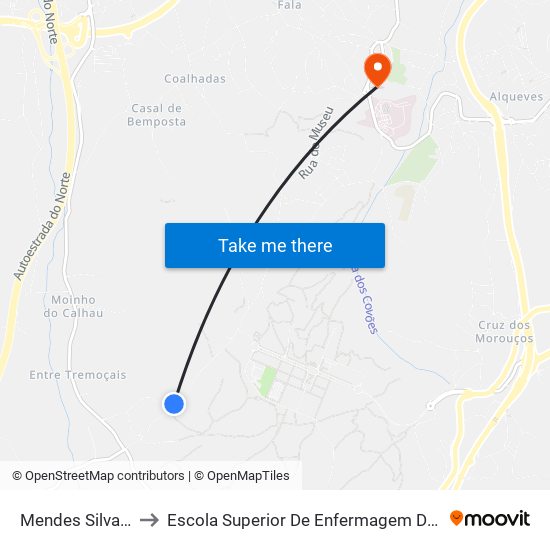 Mendes Silva  1 (valongo) to Escola Superior De Enfermagem De Coimbra - Pólo B (Esenfc) map