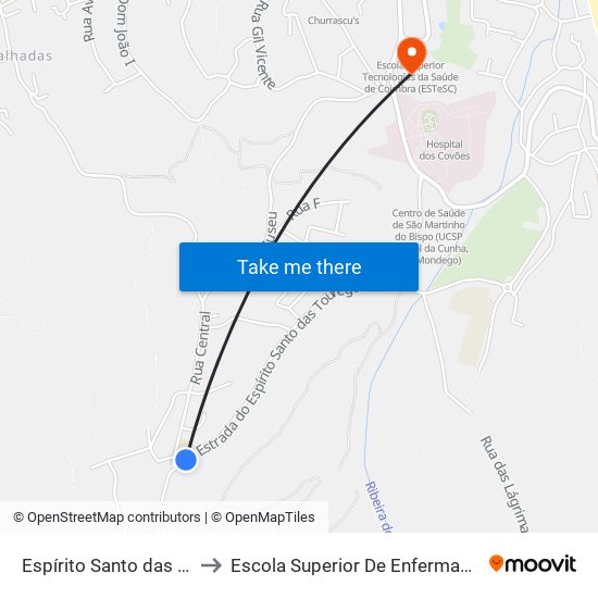 Espírito Santo das Touregas (cruzamento) to Escola Superior De Enfermagem De Coimbra - Pólo B (Esenfc) map