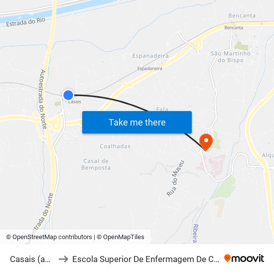 Casais (apeadeiro) to Escola Superior De Enfermagem De Coimbra - Pólo B (Esenfc) map